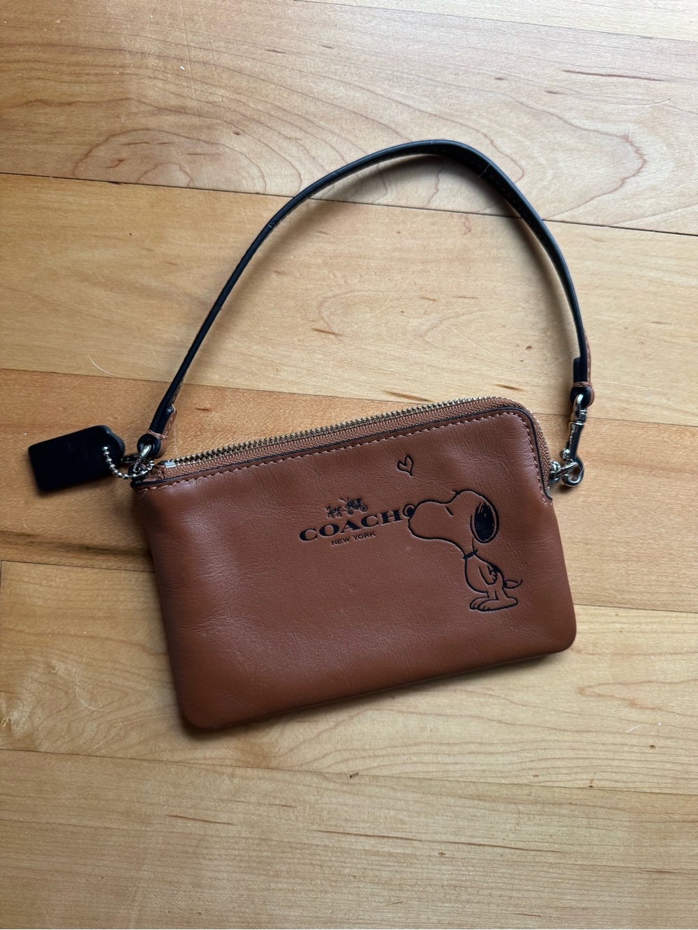Coach Tan Leather Snoopy Wristlet with Black Strap